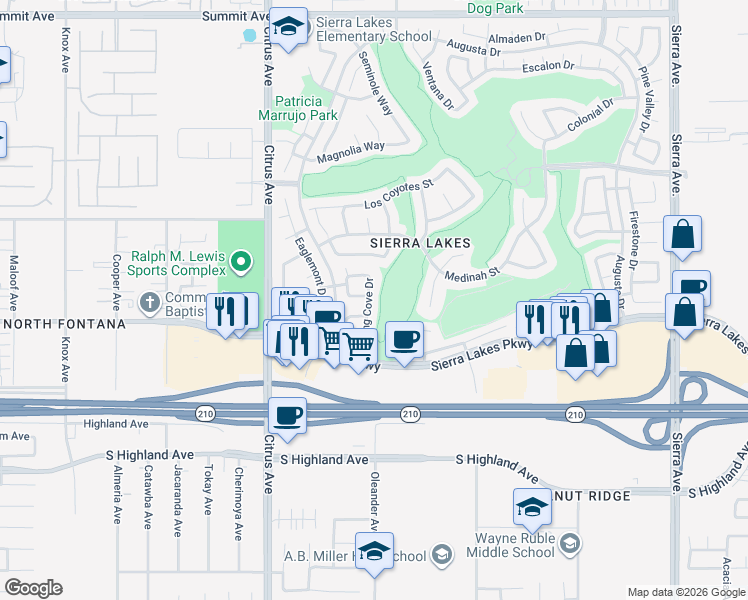 map of restaurants, bars, coffee shops, grocery stores, and more near 6273 Long Cove Drive in Fontana