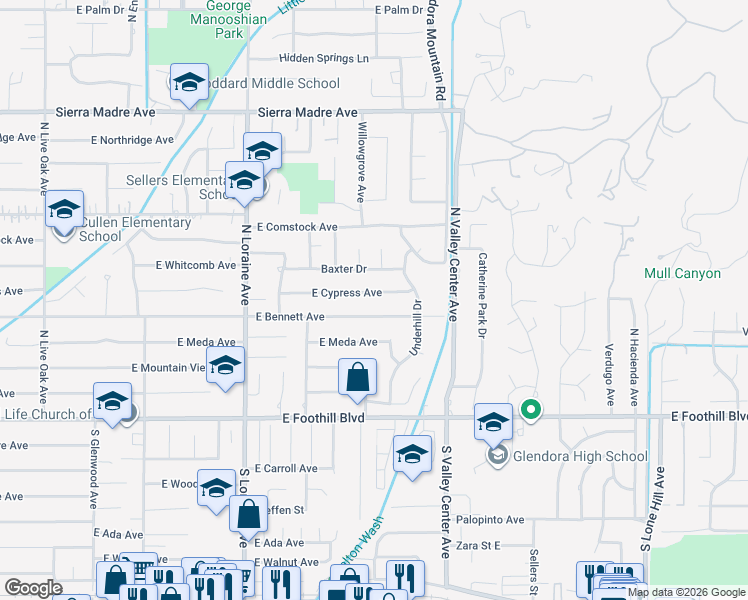 map of restaurants, bars, coffee shops, grocery stores, and more near 1315 East Bennett Avenue in Glendora