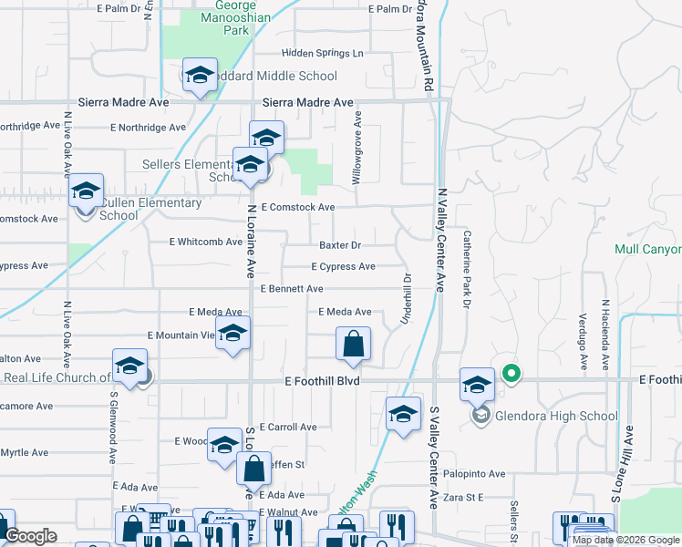 map of restaurants, bars, coffee shops, grocery stores, and more near 1315 East Bennett Avenue in Glendora
