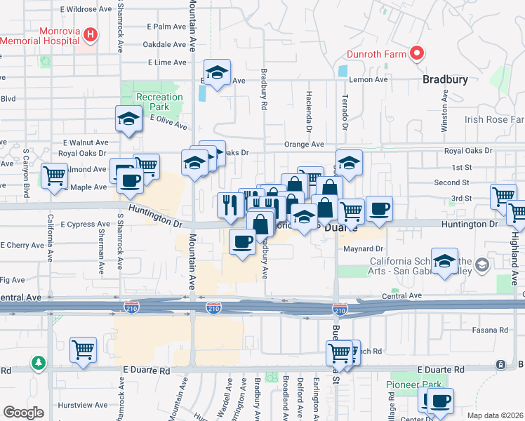 map of restaurants, bars, coffee shops, grocery stores, and more near 1043 East Huntington Drive in Monrovia