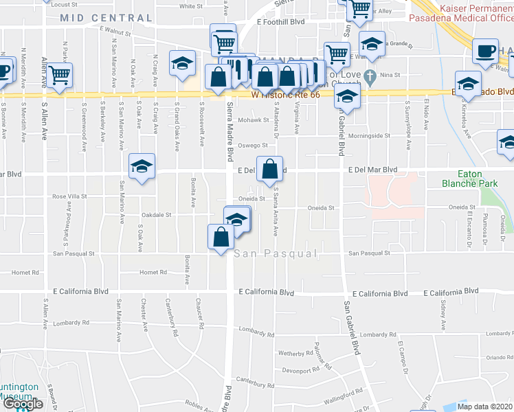 map of restaurants, bars, coffee shops, grocery stores, and more near 352 South Carmelo Avenue in Pasadena