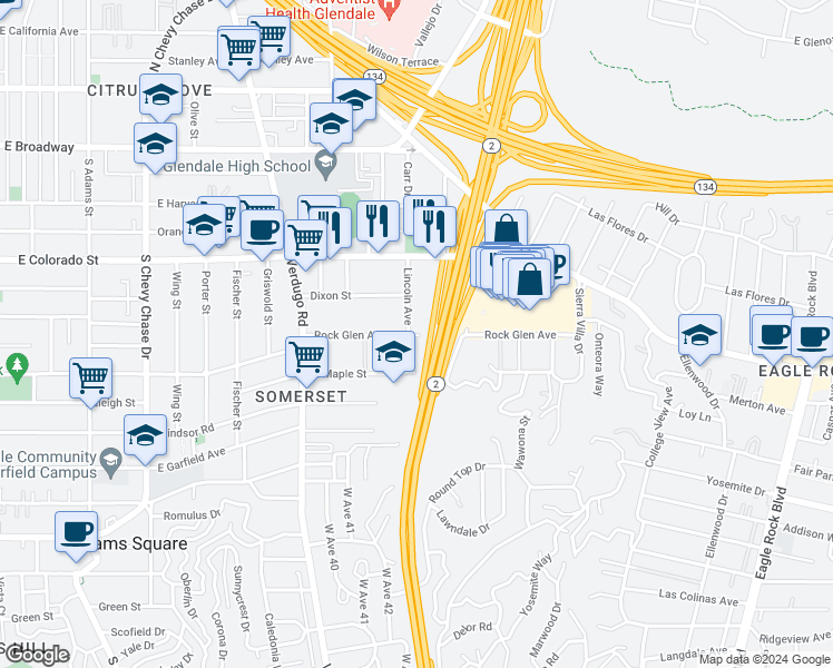 map of restaurants, bars, coffee shops, grocery stores, and more near 1606 Rock Glen Avenue in Glendale