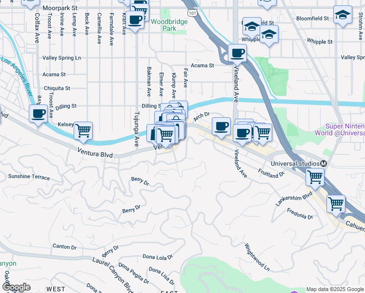 map of restaurants, bars, coffee shops, grocery stores, and more near 3968 Eureka Drive in Los Angeles