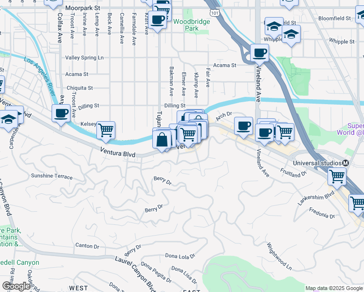 map of restaurants, bars, coffee shops, grocery stores, and more near 11336 Ventura Boulevard in Los Angeles