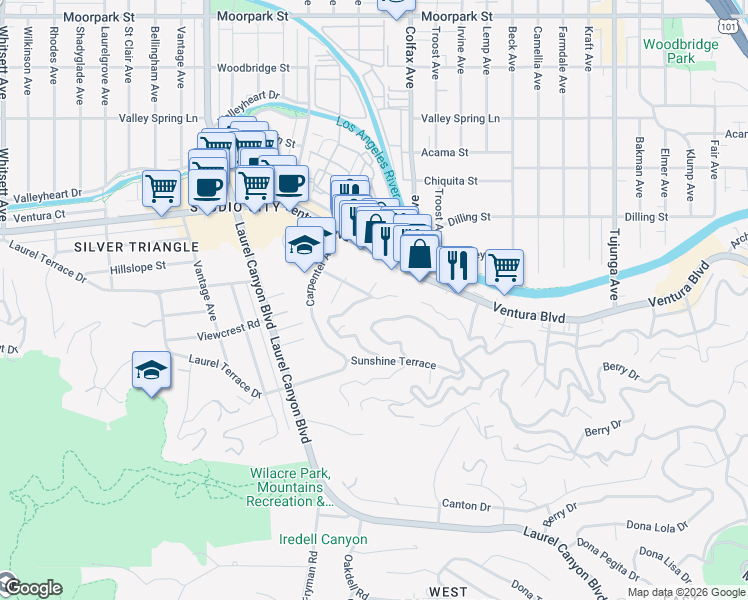 map of restaurants, bars, coffee shops, grocery stores, and more near 3839 Buena Park Drive in Los Angeles