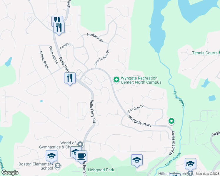 map of restaurants, bars, coffee shops, grocery stores, and more near 5020 Wesleyan Drive in Woodstock