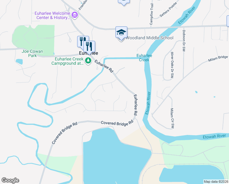 map of restaurants, bars, coffee shops, grocery stores, and more near 15 Stillwater Court Southwest in Euharlee