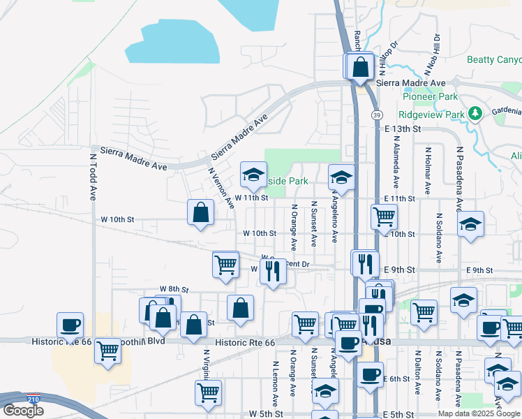 map of restaurants, bars, coffee shops, grocery stores, and more near 1034 North McKeever Avenue in Azusa