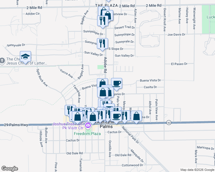 map of restaurants, bars, coffee shops, grocery stores, and more near 6259000 Adobe Road in Twentynine Palms