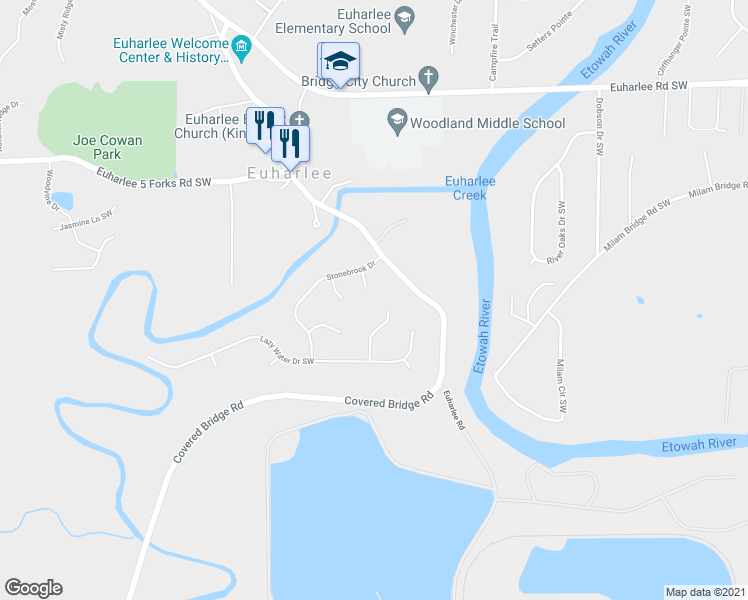 map of restaurants, bars, coffee shops, grocery stores, and more near 15 Stillwater Court Southwest in Euharlee