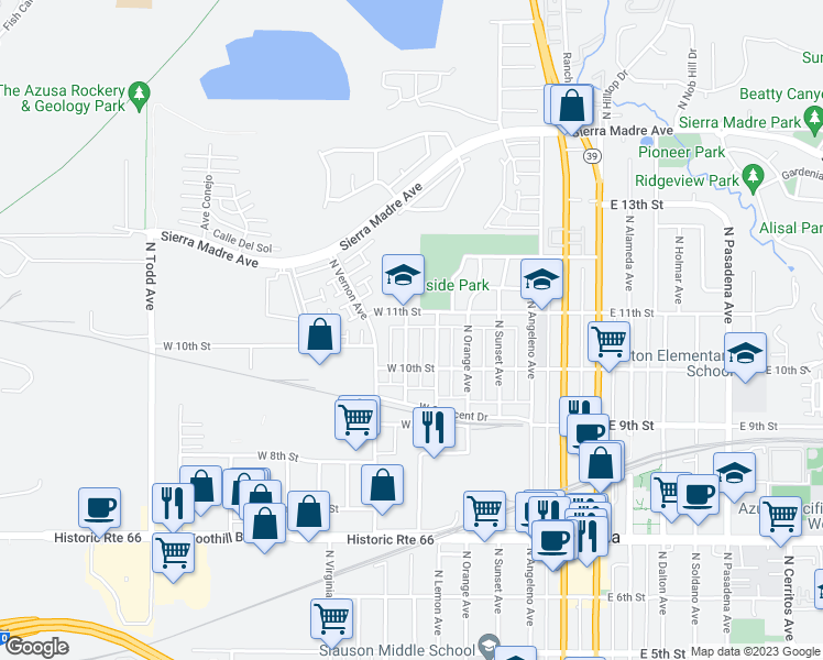 map of restaurants, bars, coffee shops, grocery stores, and more near 1034 North McKeever Avenue in Azusa