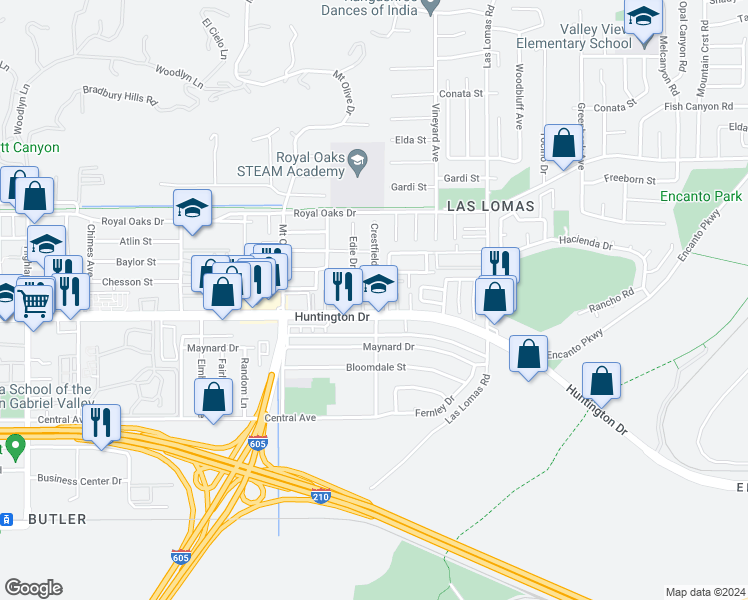 map of restaurants, bars, coffee shops, grocery stores, and more near 2447 Huntington Drive in Duarte