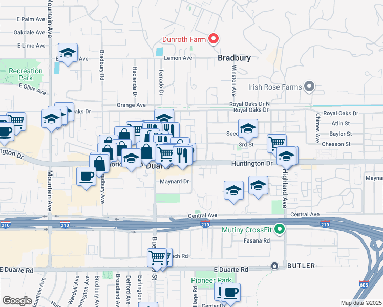 map of restaurants, bars, coffee shops, grocery stores, and more near 1413 Huntington Drive in Duarte