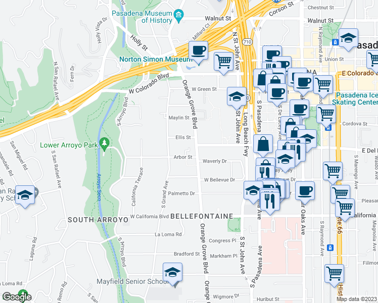 map of restaurants, bars, coffee shops, grocery stores, and more near 335 South Orange Grove Boulevard in Pasadena