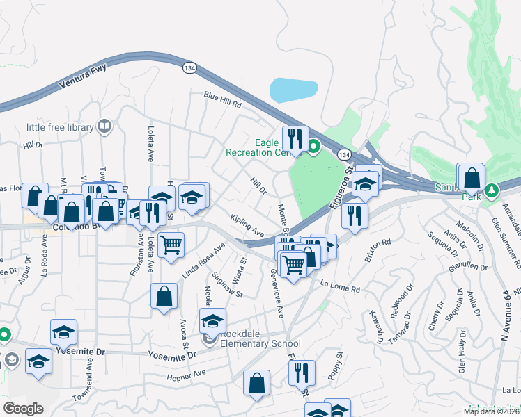 map of restaurants, bars, coffee shops, grocery stores, and more near 1205 Rock View Street in Los Angeles