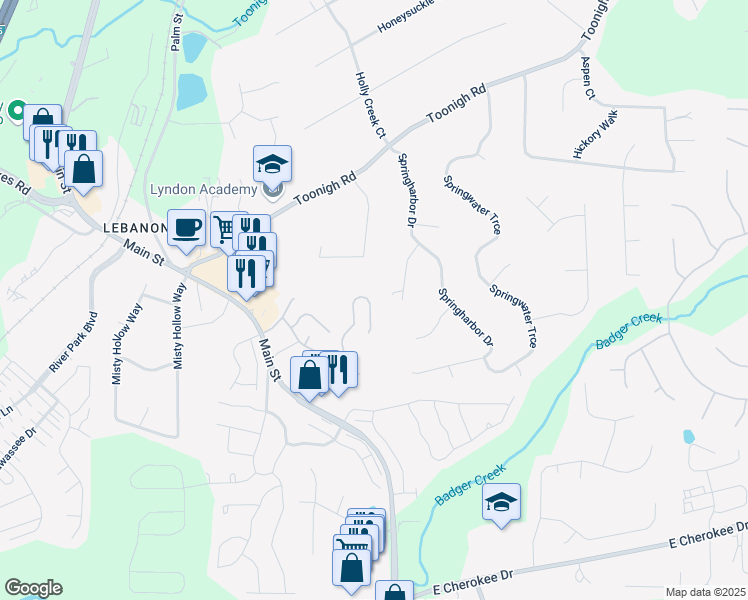 map of restaurants, bars, coffee shops, grocery stores, and more near 575 Fox Creek Crossing in Woodstock