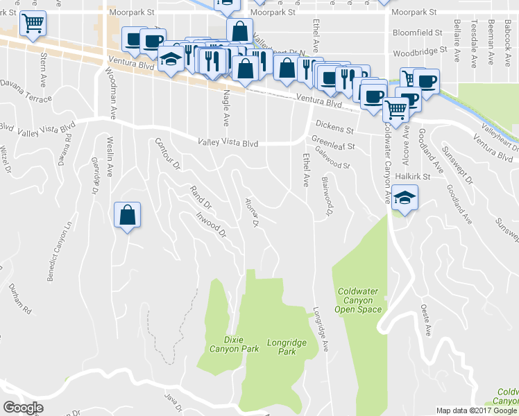map of restaurants, bars, coffee shops, grocery stores, and more near 3828 Alomar Drive in Los Angeles