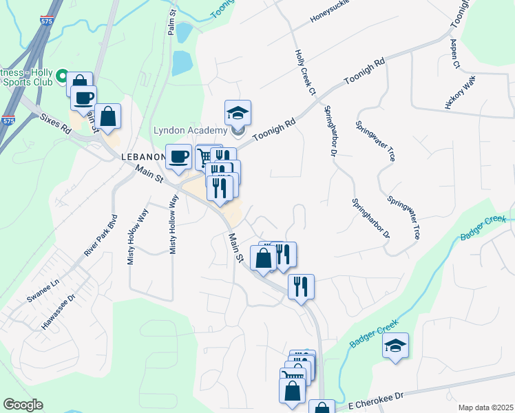 map of restaurants, bars, coffee shops, grocery stores, and more near 136 Fox Creek Drive in Woodstock