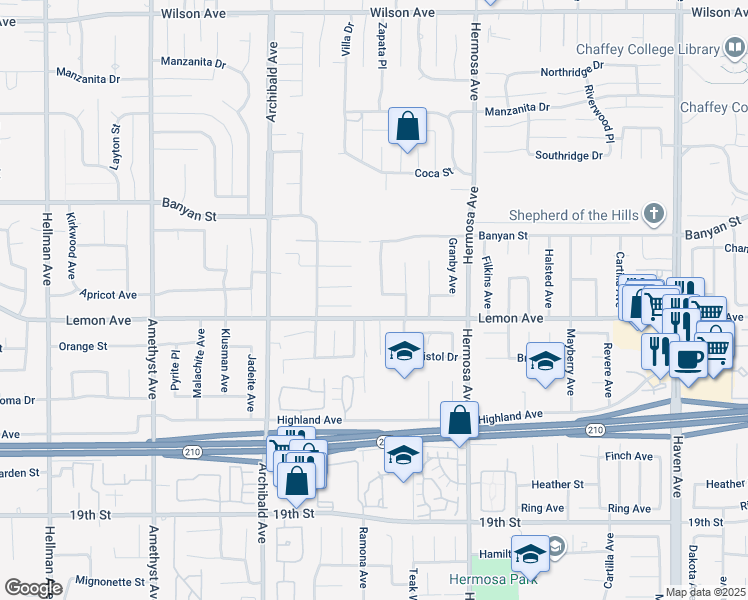 map of restaurants, bars, coffee shops, grocery stores, and more near 6256 Ramona Street in Rancho Cucamonga