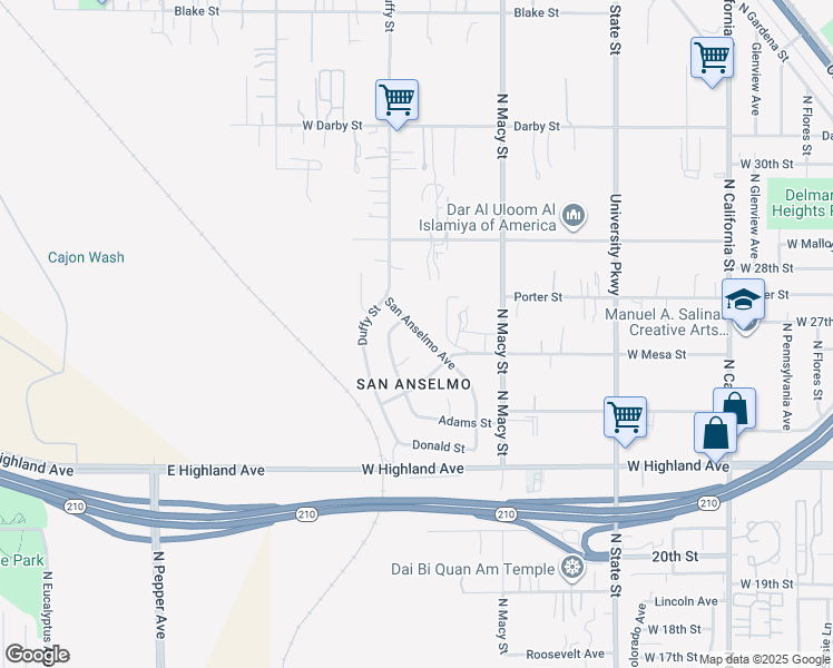 map of restaurants, bars, coffee shops, grocery stores, and more near 2682 San Anselmo Avenue in San Bernardino
