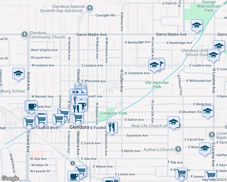 map of restaurants, bars, coffee shops, grocery stores, and more near 442 East Bougainvillea Lane in Glendora