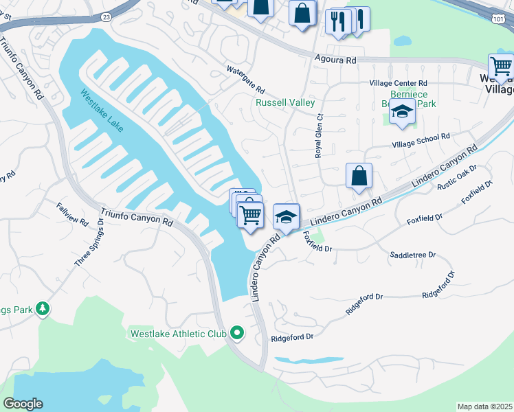 map of restaurants, bars, coffee shops, grocery stores, and more near 32080 Waterside Lane in Westlake Village