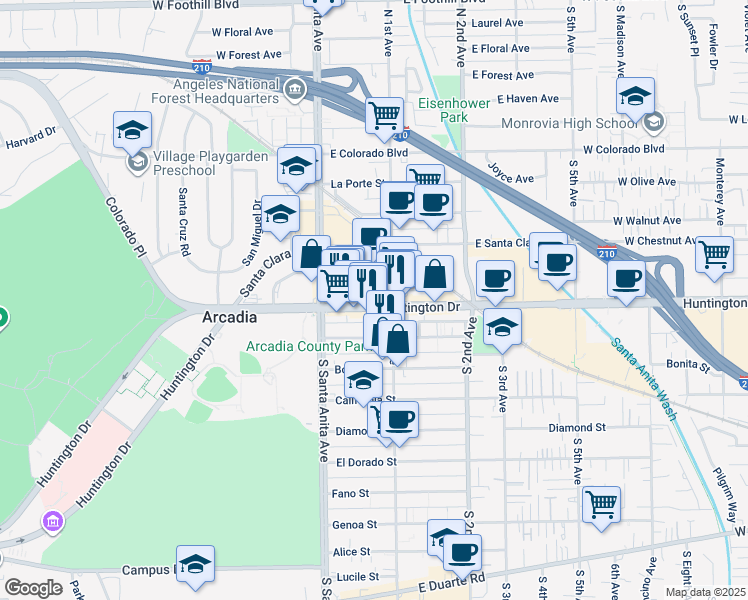map of restaurants, bars, coffee shops, grocery stores, and more near 54 East Huntington Drive in Arcadia