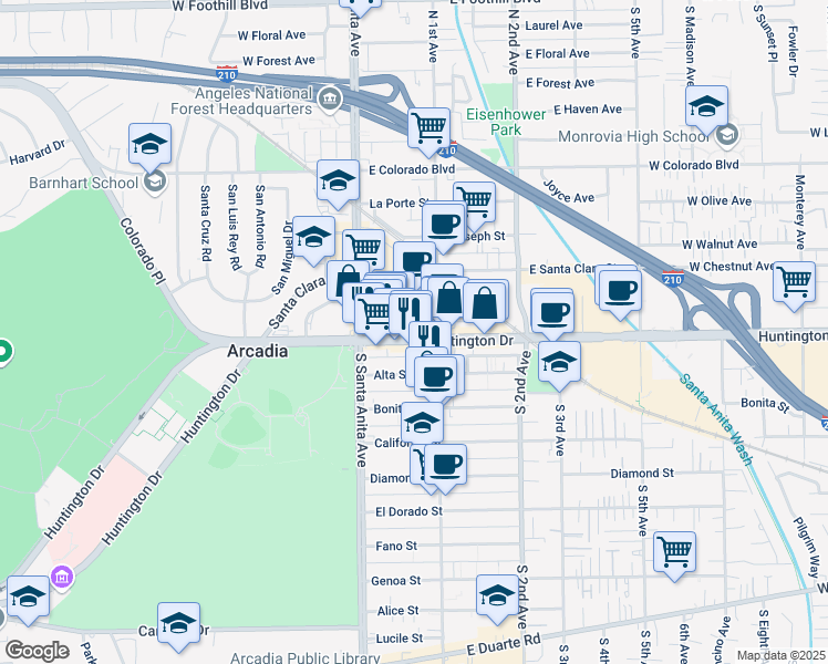 map of restaurants, bars, coffee shops, grocery stores, and more near 54 East Huntington Drive in Arcadia