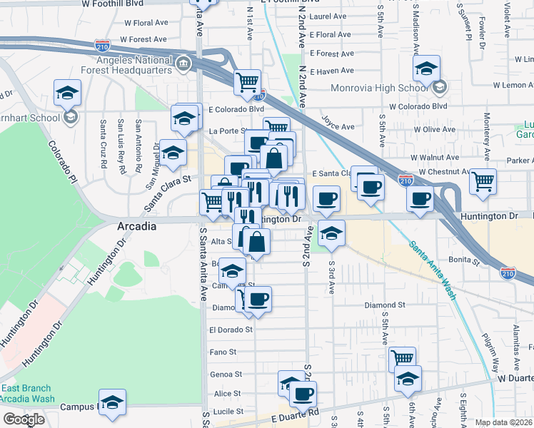 map of restaurants, bars, coffee shops, grocery stores, and more near 118 East Huntington Drive in Arcadia