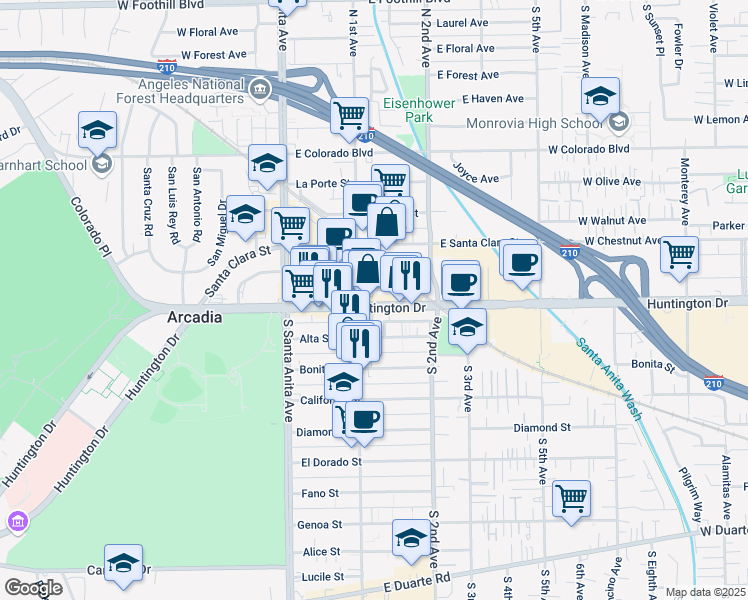 map of restaurants, bars, coffee shops, grocery stores, and more near 118 East Huntington Drive in Arcadia