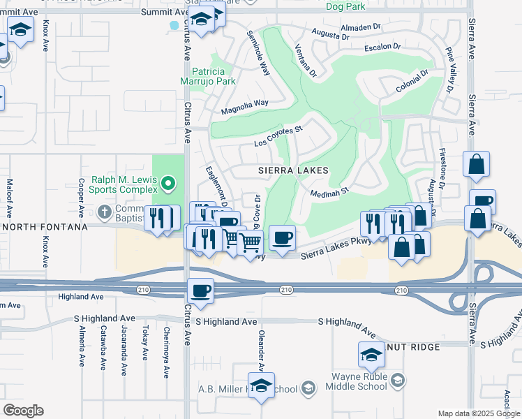 map of restaurants, bars, coffee shops, grocery stores, and more near 6257 Long Cove Drive in Fontana