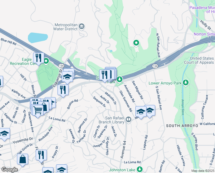 map of restaurants, bars, coffee shops, grocery stores, and more near 58 Avenue 64 in Pasadena