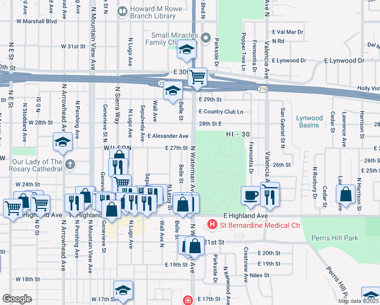 map of restaurants, bars, coffee shops, grocery stores, and more near 2666 North Waterman Avenue in San Bernardino