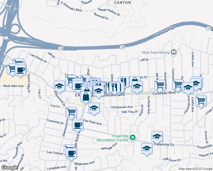 map of restaurants, bars, coffee shops, grocery stores, and more near 5136 North Maywood Avenue in Los Angeles