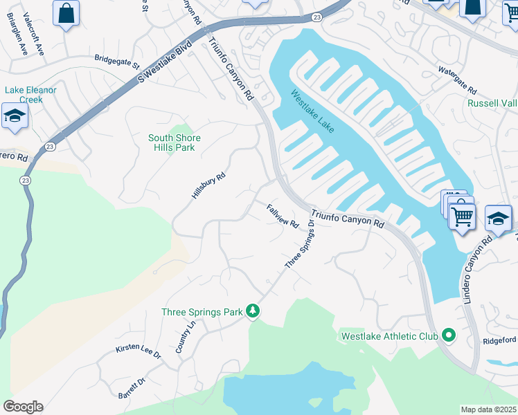 map of restaurants, bars, coffee shops, grocery stores, and more near 1841 Fallview Road in Westlake Village