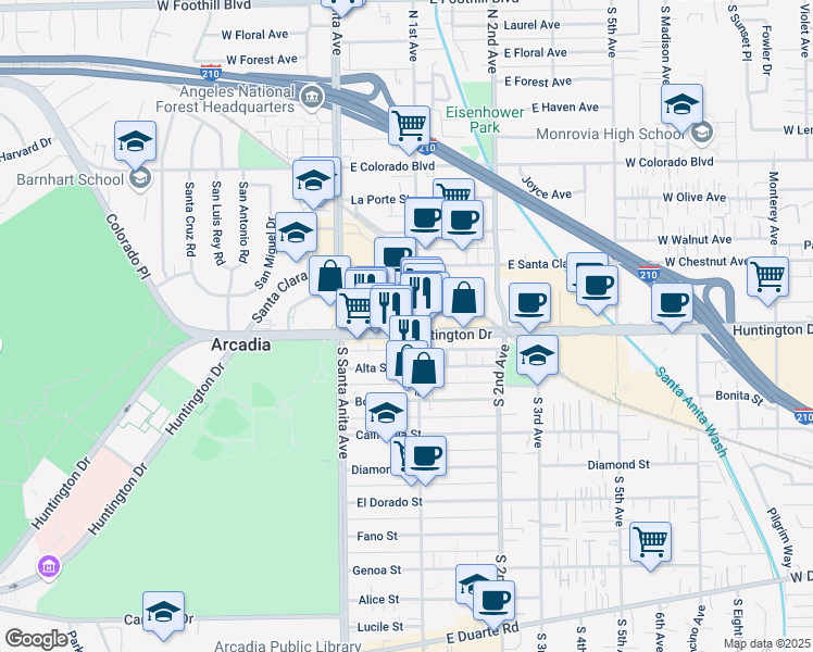 map of restaurants, bars, coffee shops, grocery stores, and more near 54 East Huntington Drive in Arcadia