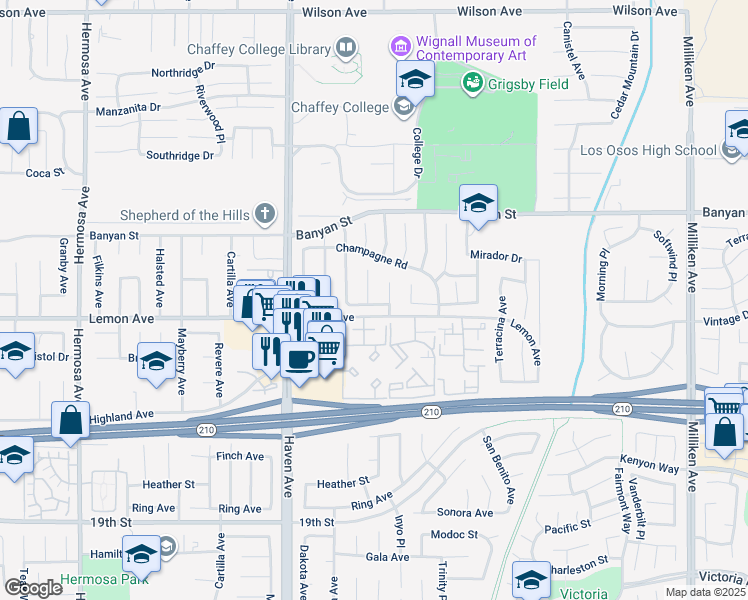 map of restaurants, bars, coffee shops, grocery stores, and more near 6273 Gamay Court in Rancho Cucamonga