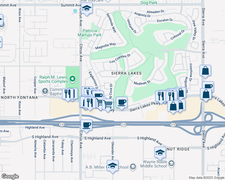 map of restaurants, bars, coffee shops, grocery stores, and more near 6257 Long Cove Drive in Fontana