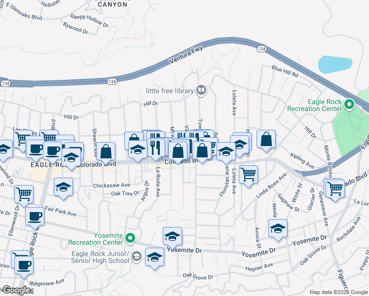 map of restaurants, bars, coffee shops, grocery stores, and more near 5118 Mount Royal Drive in Los Angeles