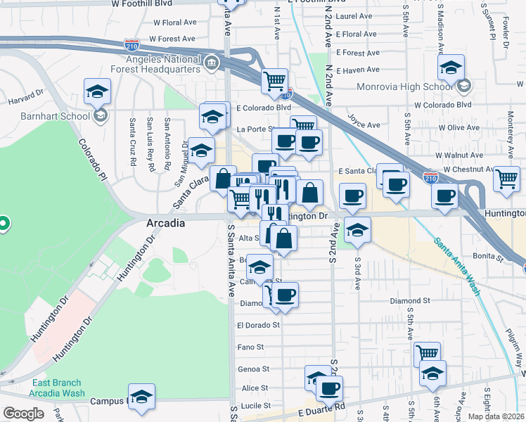 map of restaurants, bars, coffee shops, grocery stores, and more near 45 East Huntington Drive in Arcadia