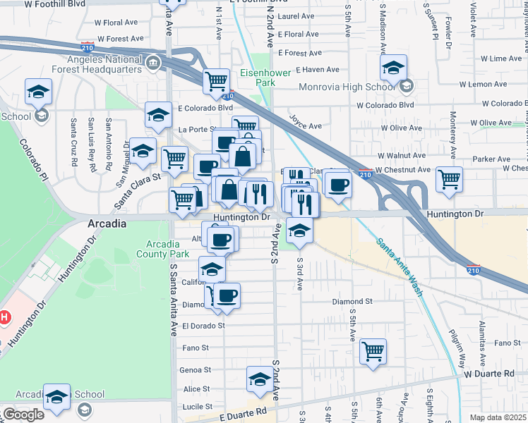 map of restaurants, bars, coffee shops, grocery stores, and more near 166 West Historic Route 66 in Arcadia