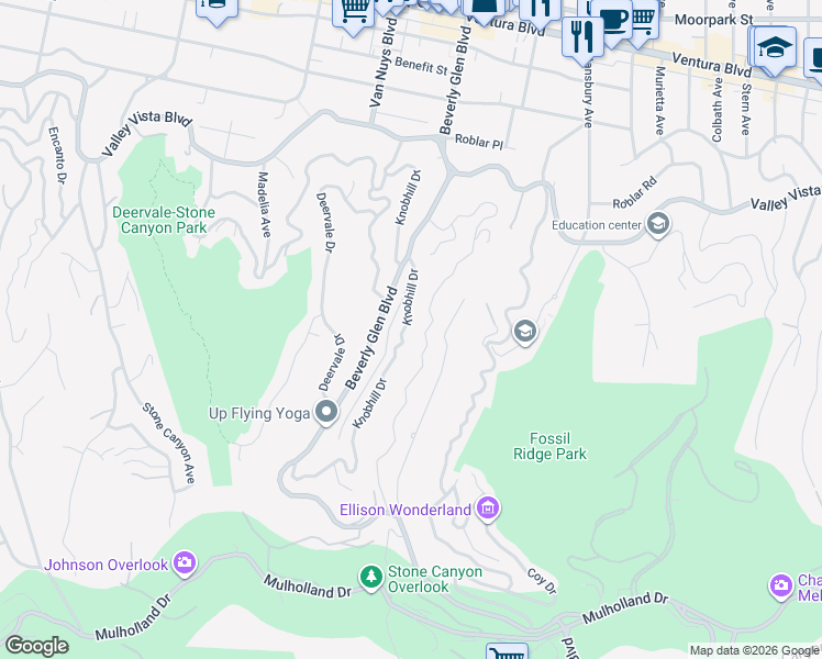 map of restaurants, bars, coffee shops, grocery stores, and more near 3820 Knobhill Drive in Los Angeles