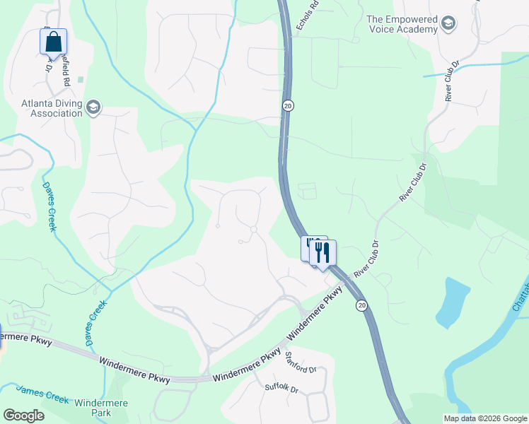 map of restaurants, bars, coffee shops, grocery stores, and more near 1403 Edenham Lane in Cumming