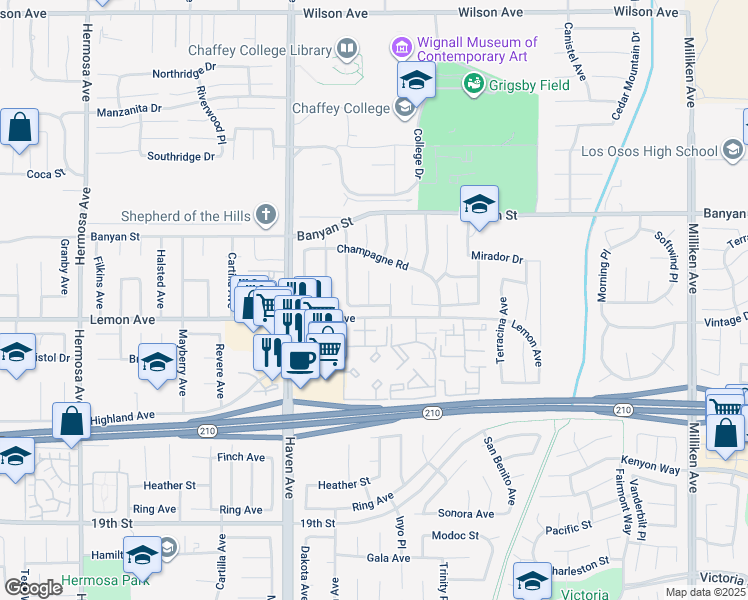 map of restaurants, bars, coffee shops, grocery stores, and more near 6273 Gamay Court in Rancho Cucamonga
