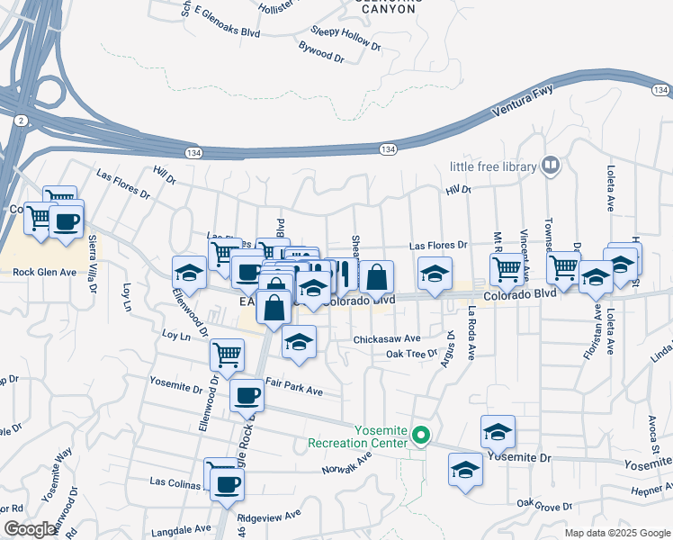 map of restaurants, bars, coffee shops, grocery stores, and more near 5136 North Maywood Avenue in Los Angeles