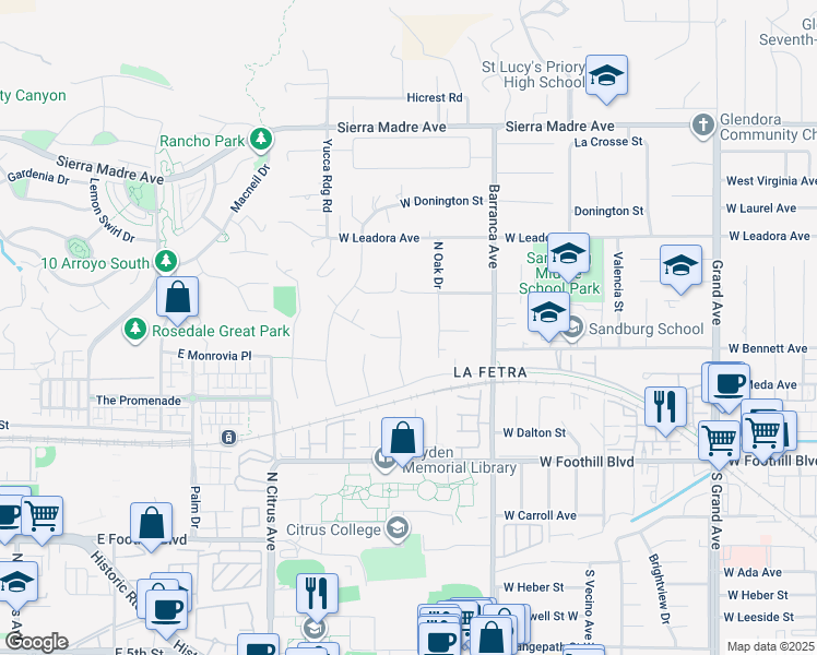 map of restaurants, bars, coffee shops, grocery stores, and more near 332 Snapdragon Lane in Glendora