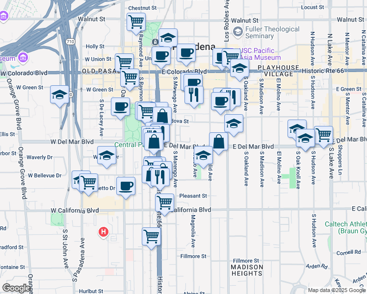 map of restaurants, bars, coffee shops, grocery stores, and more near 240 E Del Mar Blvd in Pasadena