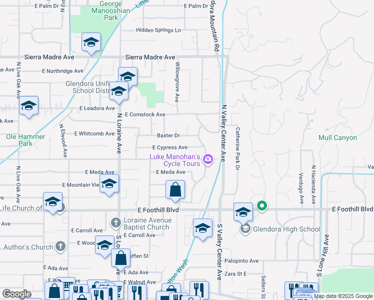 map of restaurants, bars, coffee shops, grocery stores, and more near 1338 East Cypress Avenue in Glendora