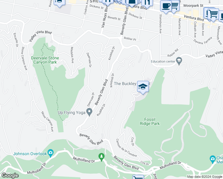 map of restaurants, bars, coffee shops, grocery stores, and more near 3820 Knobhill Drive in Los Angeles