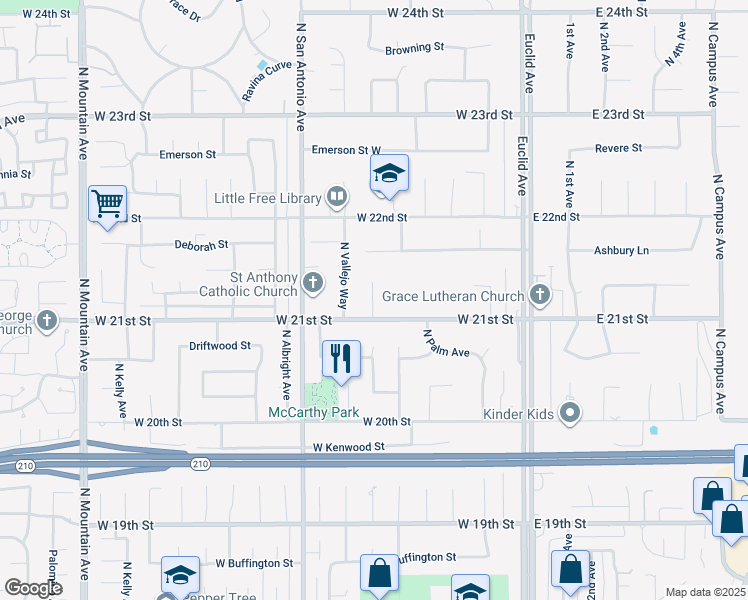 map of restaurants, bars, coffee shops, grocery stores, and more near 1754 North Tulare Way in Upland